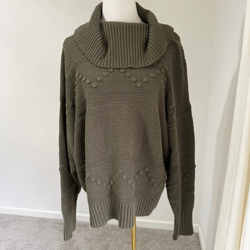 FRYE & CO Olive Green Textured Cowl Neck Sweater‎ Bobble Cable Knit Fisherman XL